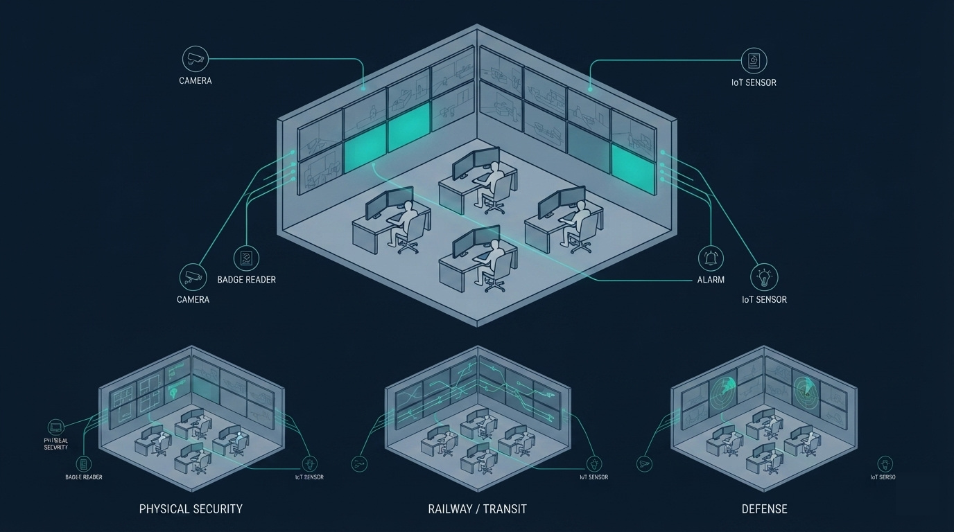 Anatomy of a command centre: a video wall, sensor inputs, and operators.