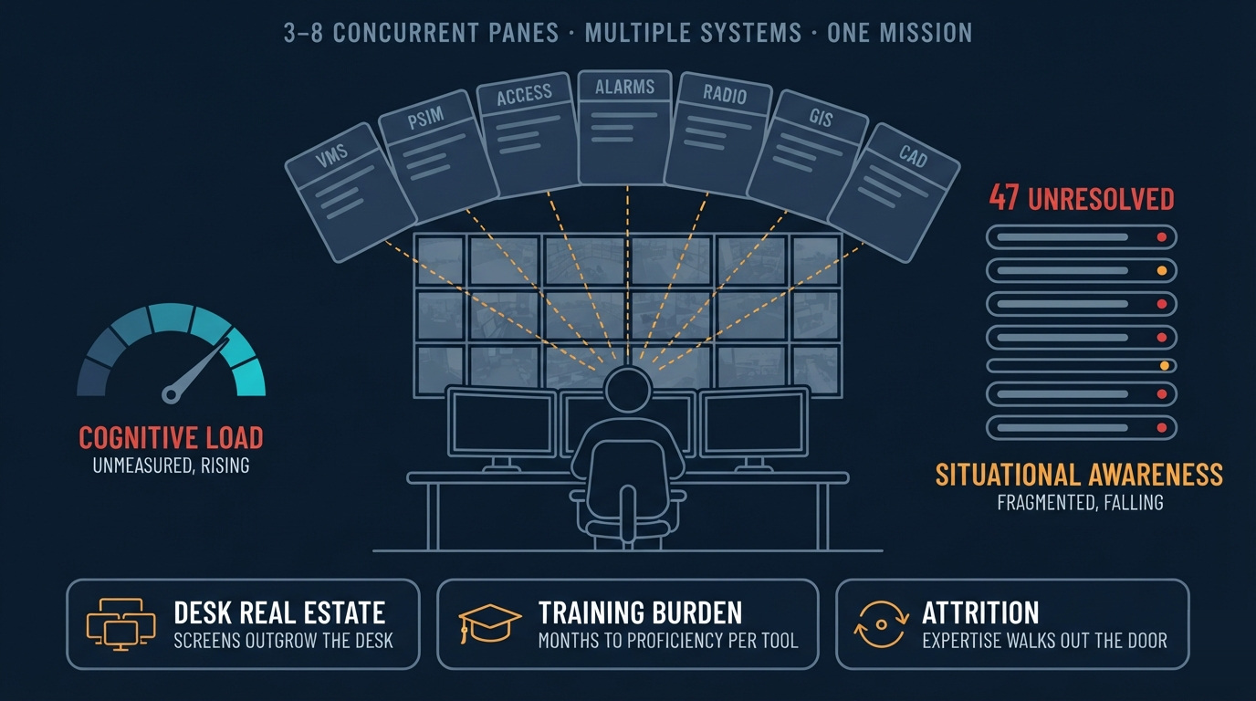 Chart: as inputs multiply, cognitive load rises while situational awareness falls.